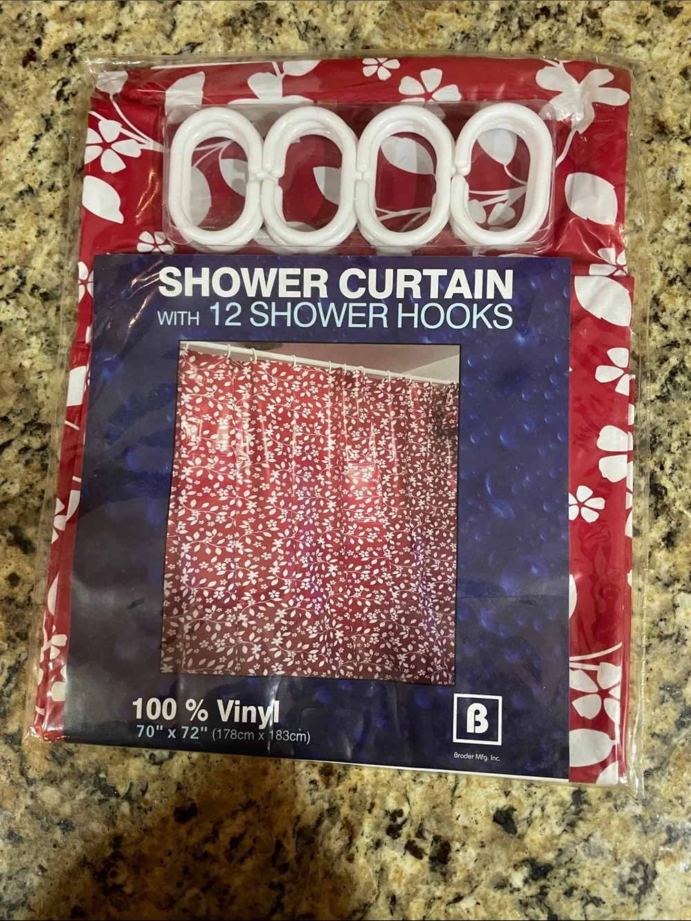 Red Floral Vinyl Shower Curtain with 12 White Hooks